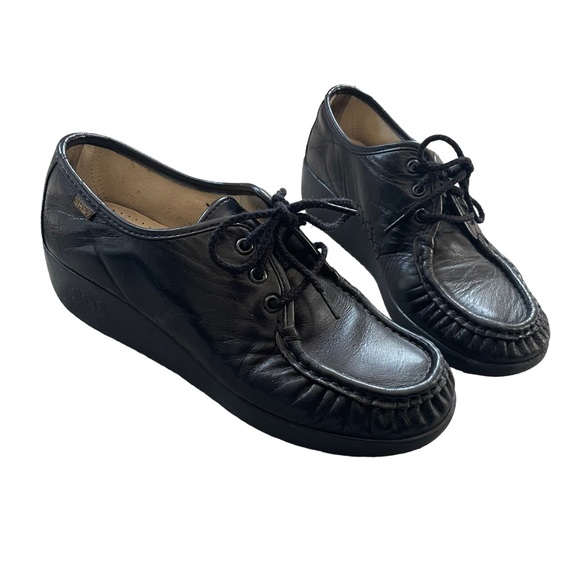 SAS Black Leather Wedge Style Coquette Preppy Grunge Gothic Lace Up Oxford Shoes - Picture 6 of 15
